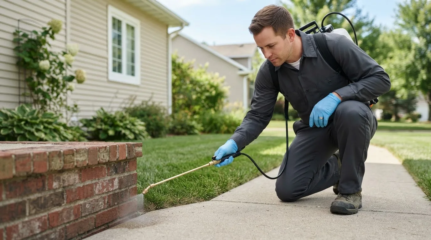 Pest control technician treating a home near Trenton, ND